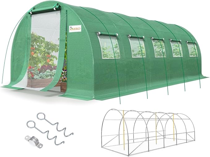 KING BIRD Premium 25x10x6.6FT Greenhouse for Outdoors, Large Walk-in Upgraded Galvanized Metal Frame, Mesh Door Screen Window Improved Zipper Tunnel Hoop for Garden Plant Winter, 2 Stiffeners, Green