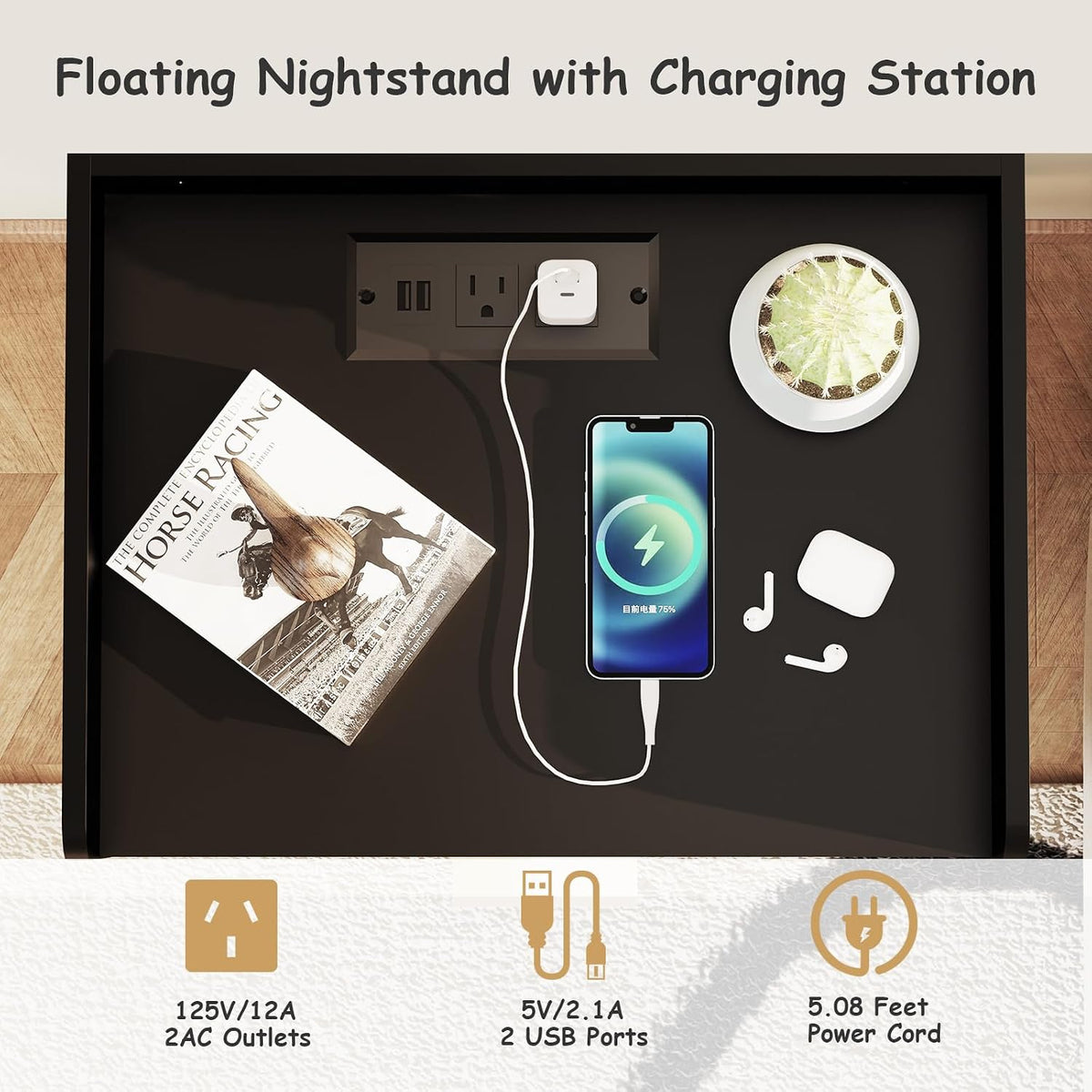 Arbuxzuy Floating Nightstand Set of 2 with Charging Station and Drawer | Modern Black Wall Mounted Bedside Table with Open Shelf, Minimalist Wooden Floating Night Stand for Bedroom Small Spaces