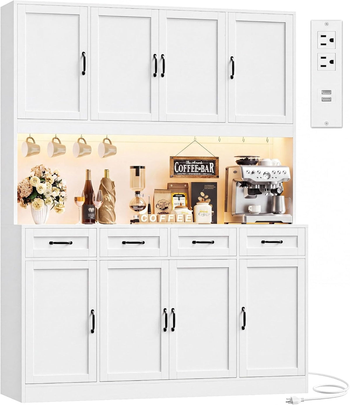HITHOS 73" Tall Kitchen Pantry Storage Cabinet, Large Charging Hutch, White | Wood Kitchen Pantry Cabinet with Charging Station, Kitchen Hutch Storage Cabinet with Countertop, Food Pantry with LED Light
