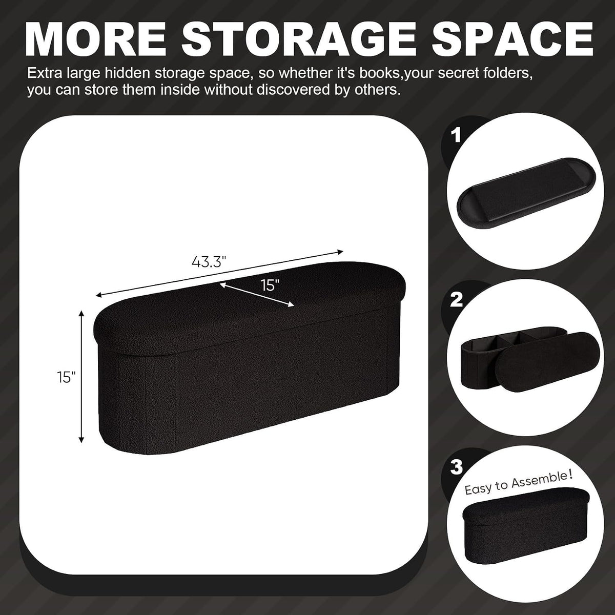 PINPLUS Storage Ottoman Bench Tufted Oval Ottomans Bench Foot Rest, Chest Box Velvet Bench with Storage 43"x15"x15" (Black)