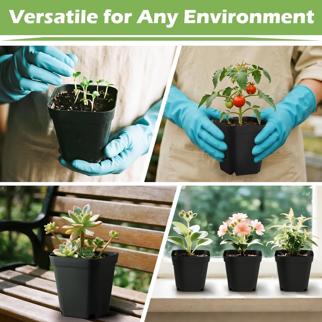 Square Nursery pots 4 Inches 60Pcs, Seedling Plastic Seeds propogation Growing Pots (Black,4Inches,60Pcs)