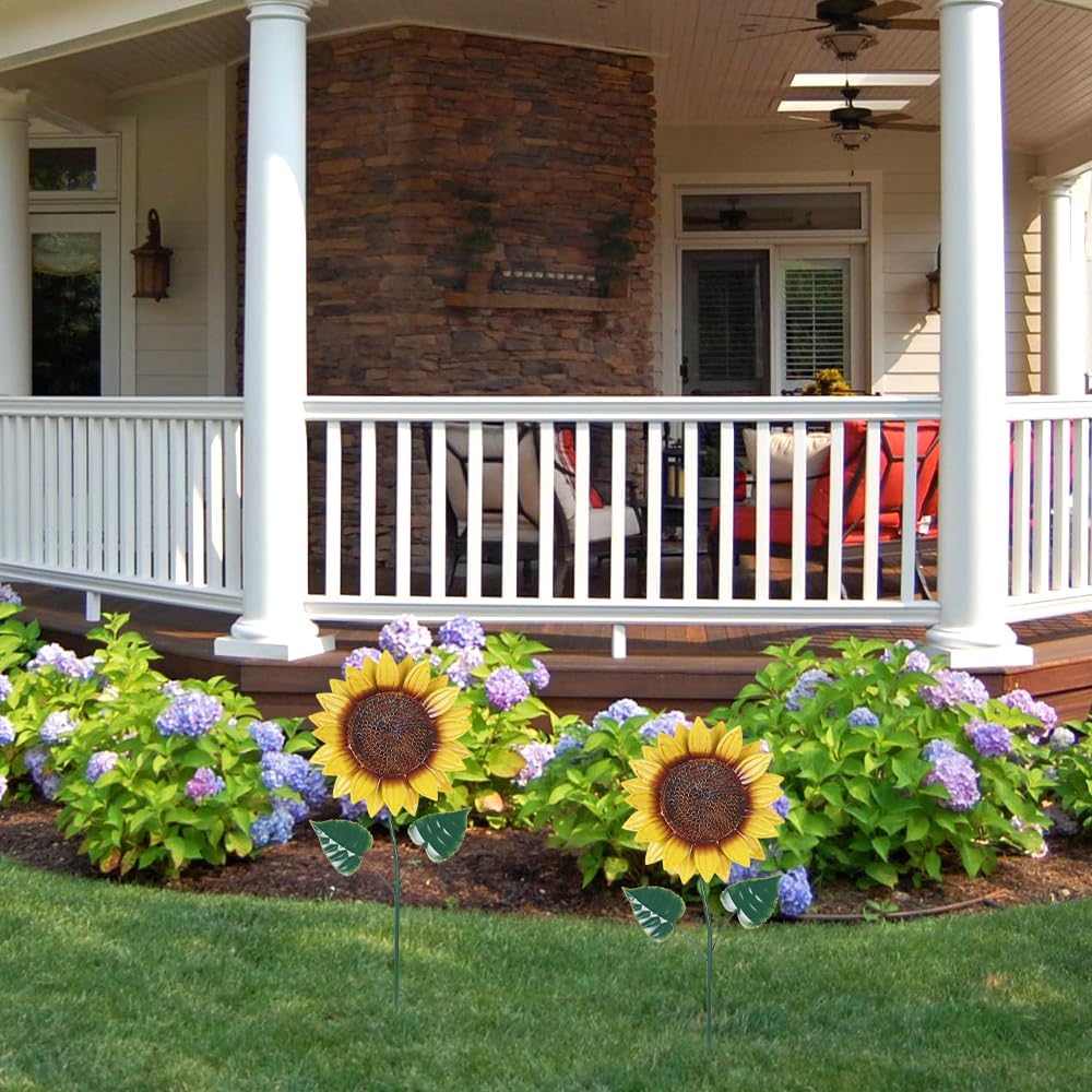 hogardeck Garden Decor for Outside, 2 Pack Sunflower Decorative Garden Stakes for Spring Outdoor Yard Decor, Metal Yard Art with Shaking Head for Garden Lawn Porch Decorations