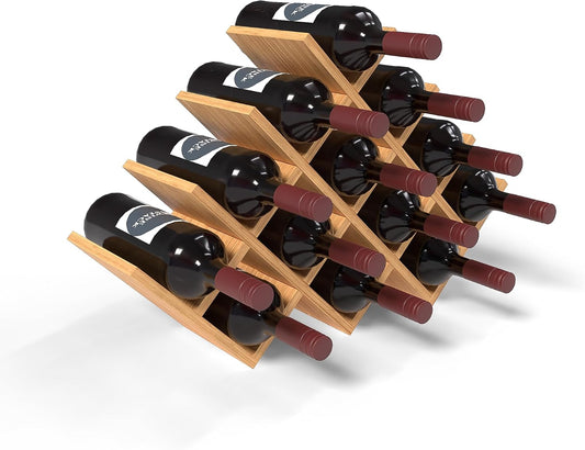 13 Bottle Bamboo Small Wine Rack for Countertop, No Tools Assembly, Modern Lattice Design, Durable, Wine and Liquor Bottle Storage for Small Spaces