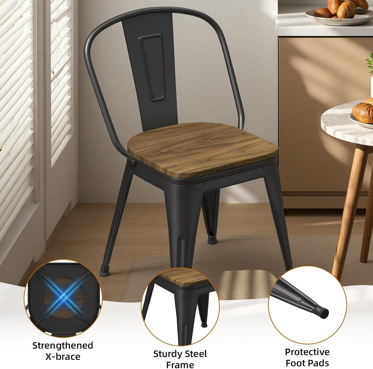 18 Inch Dining Chairs Set of 4, Farmhouse Metal Chairs with High Back and Wooden Seat, Stackable Industrial Bar stools for Dining Room(Black)