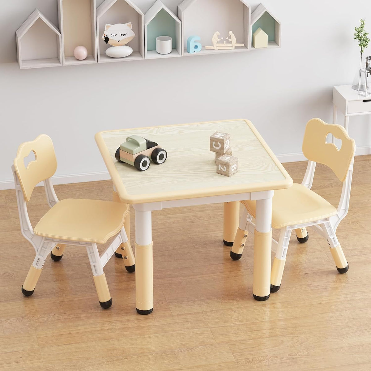 Kids Table and Chairs Set Height Adjustable Table and 2 Chairs for Toddlers | 60*60 cm Graffiti Table | Non-slip Caps | Ergonomic Chair | Rounded Corners | Suitable for Daycare, Classrooms, Home