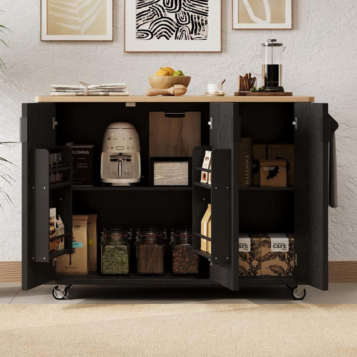 Floating Island Kitchen with Drop Leaf Countertop Internal Storage Rack, Kitchen Island with Storage with Wheels Towel Rack， for Kitchen, Dining Room, Black