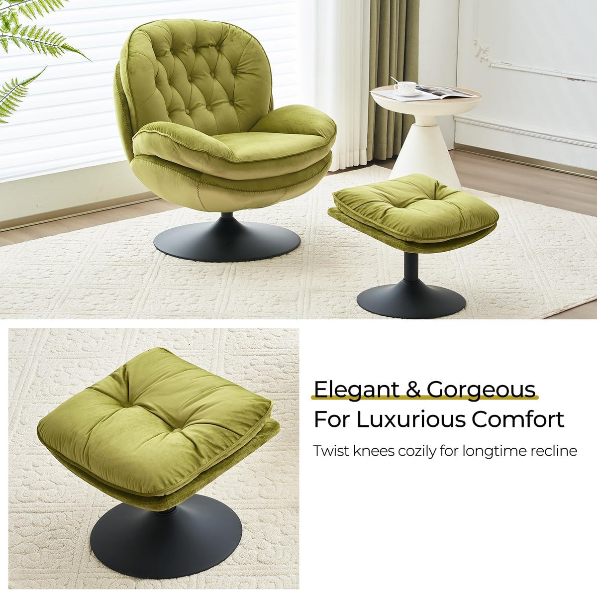 Velvet Swivel Accent Chair with Ottoman Set,Modern Tufted Armchair with Footrest for Living room,Reading TV Chair for adult,Comfy Chaise Lounge Chairs with 360 Degree Swiveling for bedroom,Olive Green