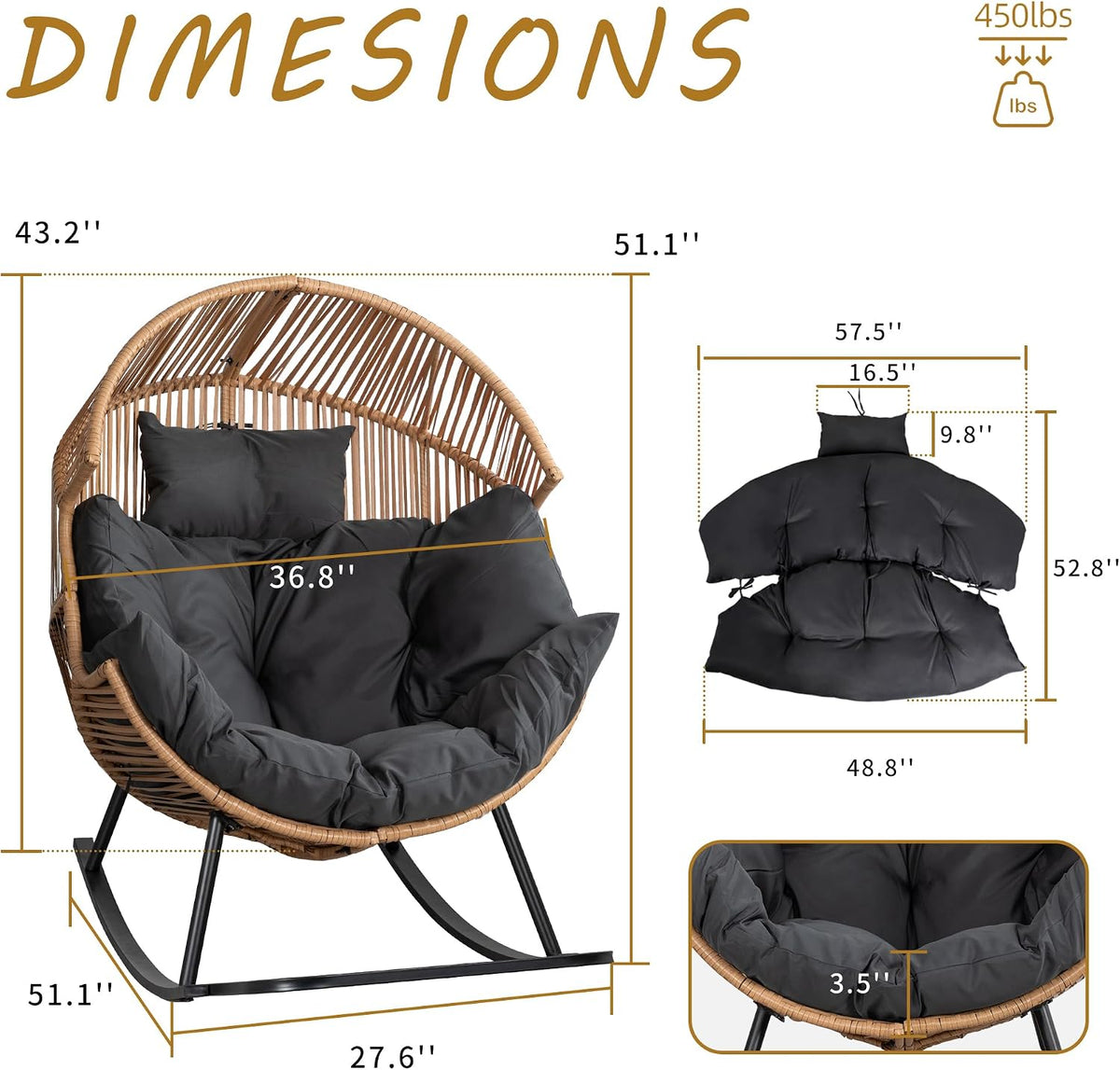 Shintenchi Wicker Egg Chair, Outdoor Indoor Rocking Chair, Large PE Rattan Rocking Chair with Cushion for Patio, Balcony, Backyard, Garden, Deep Grey