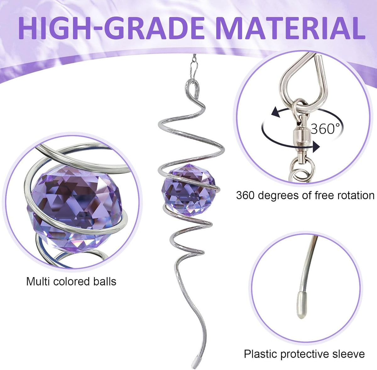 Wind Spinner Spiral Tail, Gazing Ball Spiral, Decorative Sun Catcher Rainbow Maker 11inch Tail and 2 inch Purple Crystal Orb with Swivel Hook, Indoor & Outdoor Garden Decoration 13" Height