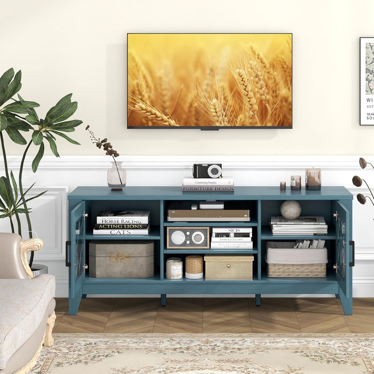 Tangkula Farmhouse TV Stand for TVs Up to 65-in, Classic Media Entertainment Center w/Glass Door Cabinets & 4 Adjustable Shelves, Modern TV Console Table w/ 3 Cable Holes for Living Room (Teal Blue)