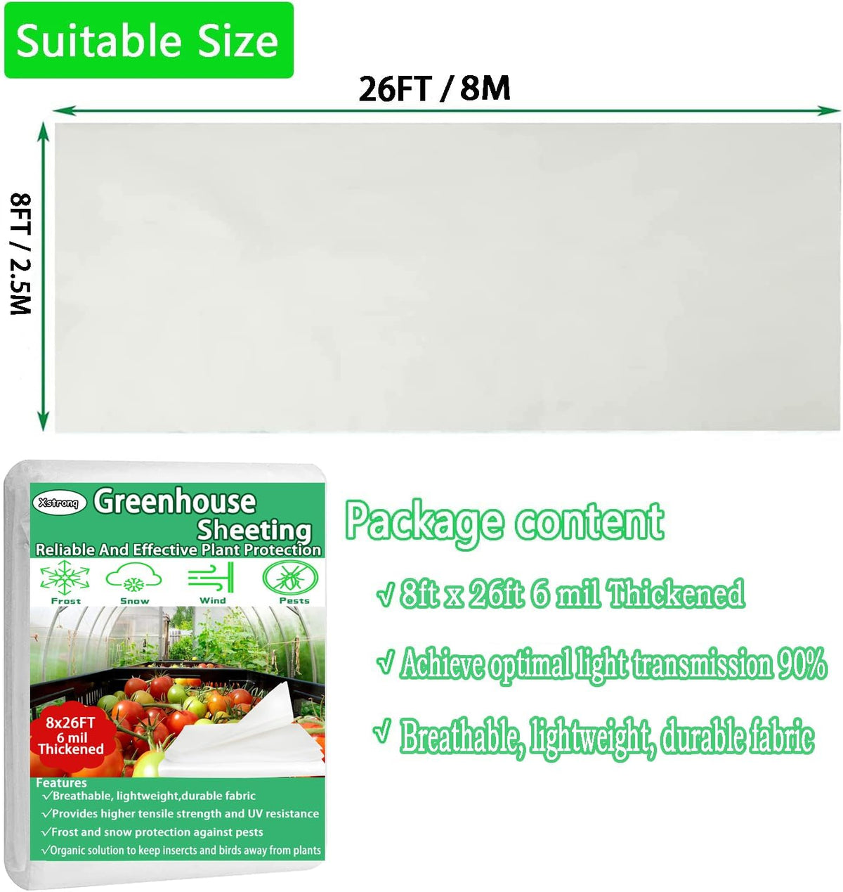 8FTx26FT Greenhouse Plastic Sheeting, 6 Mil Thick Clear Polyethylene Film, Waterproof Wind Frost Dust UV Resistant Green House Plastic Covering for Outdoor Plant, Garden, (8ft x 26ft)