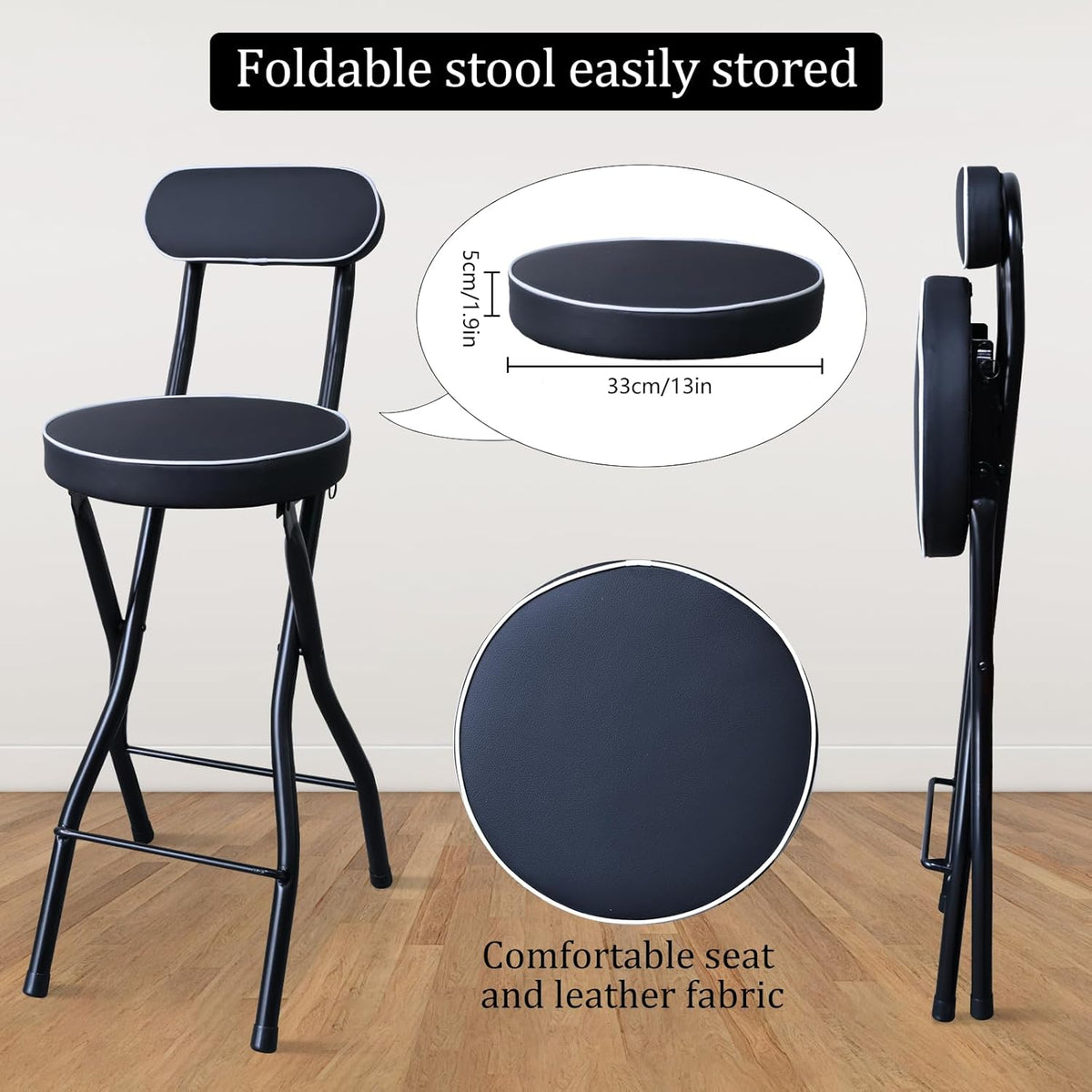 UWEAR 1 PCS Folding Bar Stool with Back, Tall Foldable Stool Seat Padded Portable Stools Counter Height Foldable Stools Chairs Collapsible Stool for Adults Kitchen Island (Black)