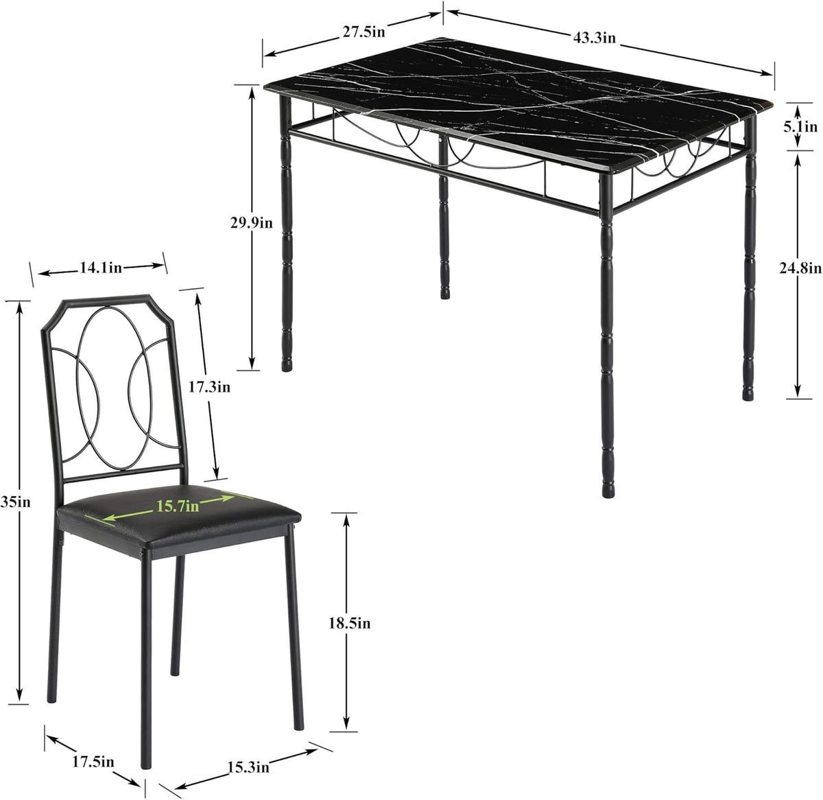 VECELO 5 Piece Dining Table Set for 4, Dinette with Chairs for Kitchen, Breakfast Nook, Small Space,Easy Assembly