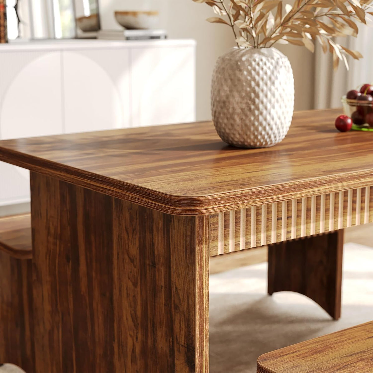 LITTLE TREE 55" Dining Table with 2 Benches, Dining Table Set for 4-6 People, Farmhouse Kitchen Table with Bench, Dining Room Table Set