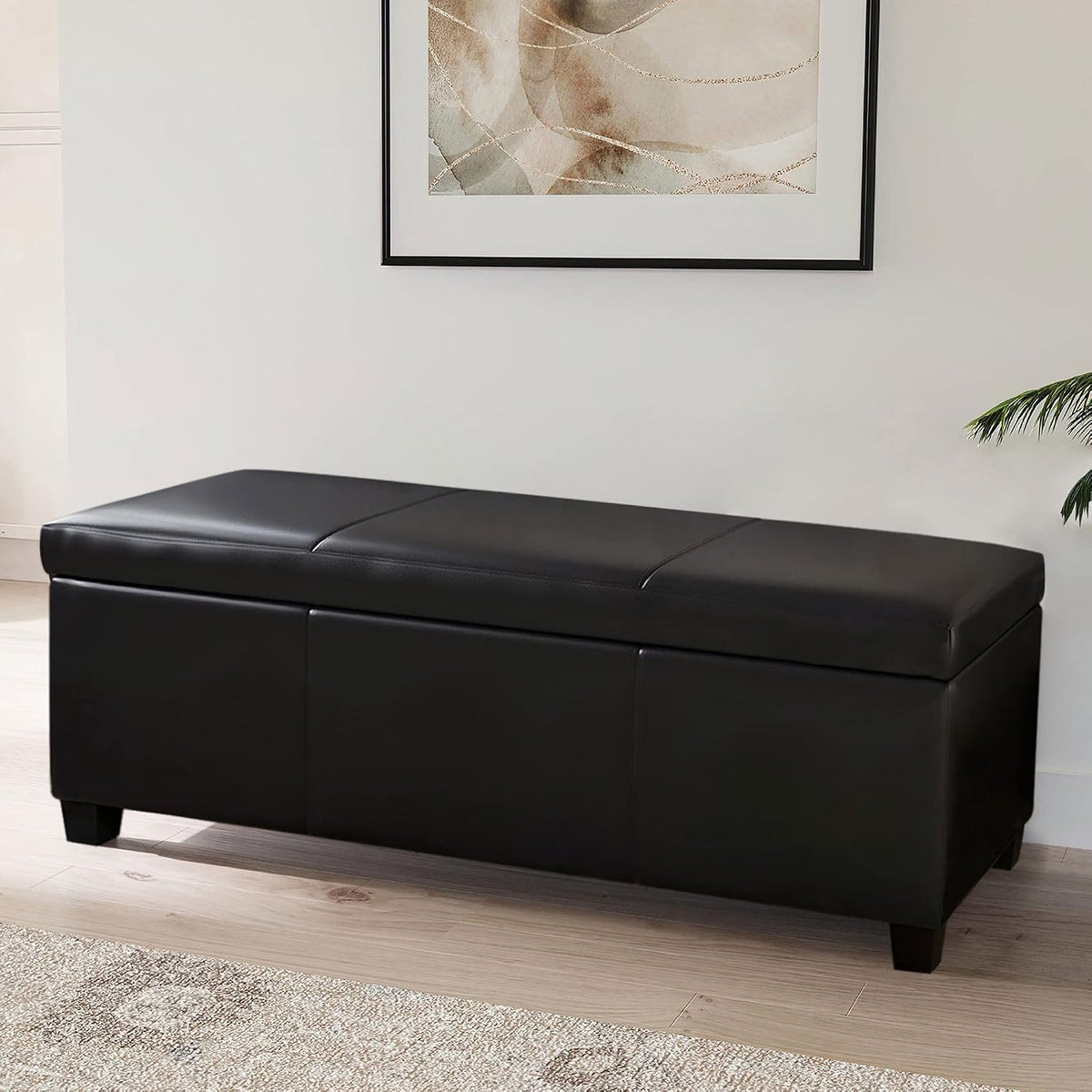 BELLEZE Storage Faux Leather Ottoman, 47 Inch Bench Bedroom Bench with Safety Close Hinge, Extra Long Ottoman with Storage for Living Room, Entryway, Hallway, Foot Rest, Support 300lbs - Black