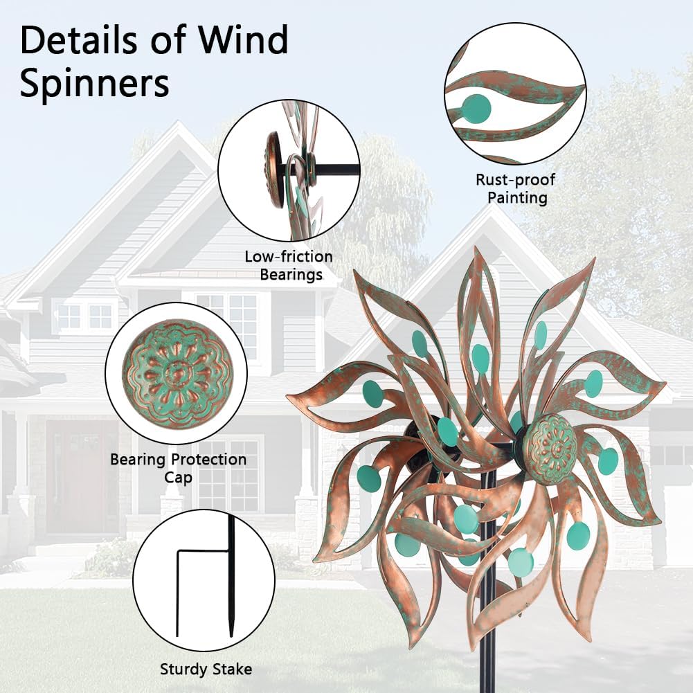 Viveta Metal Wind Spinners Outdoor,Vintage Kinetic Wind Spinner Garden Pinwheels with Metal Stake for Patio,Lawn,Garden,59 * 13.4 Inch