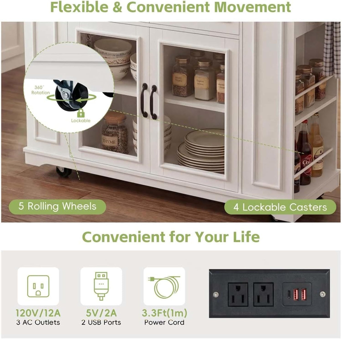 Kitchen Storage Islands and Carts with Internal Storage Rack, Power Outlet and Open Shelves, Rolling Island for Kitchen with Knife Holder, for Kitchen, Dining