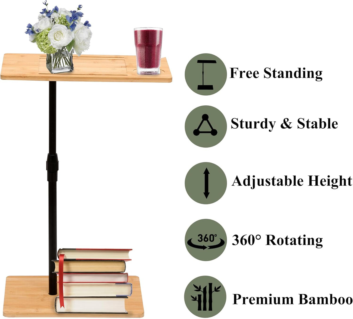 Bamboo Couch Tray Table Height Adjustable C-Shaped End Table with Slots 2 Tier Sofa Side Table for Living Room & Bedroom (Rectangle + Rectangle) (Natural + Metal + Modern)