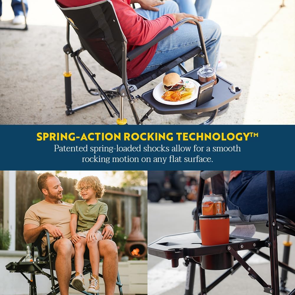 GCI Outdoor Freestyle Rocker XL with Side Table Camping Chair | Portable Folding Rocking Chair with Solid, Durable Armrests, Drink Holder & Comfortable Backrest — Black