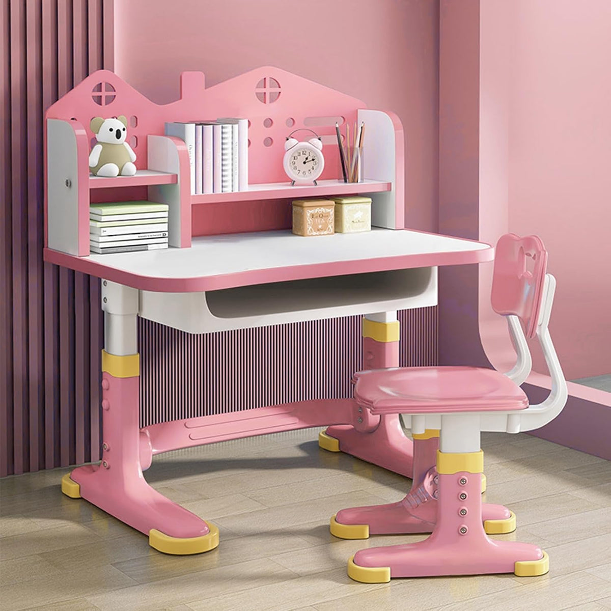 Kids Functional Desk Chair Set,Kids Desk and Chair Set, Height Adjustable Children School Study Desk with Castle Backboard, Widened Desktop, Bookstand and Storage Drawer (Pink)