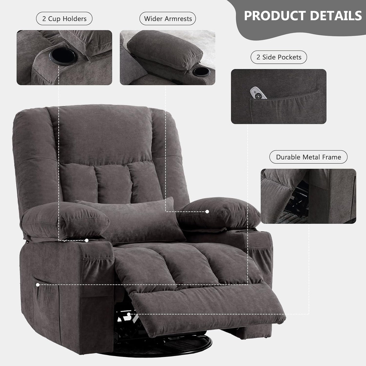 Swivel Rocker Recliner Chair with Vibration Massage and Heat Ergonomic Lounge Chair for Living Room with Rocking Function and Side Pocket, 2 Cup Holders, USB Charge Port