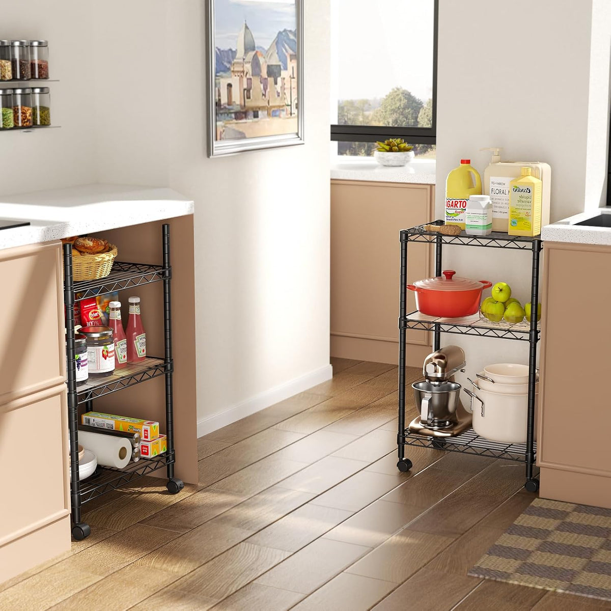 SINGAYE 3 Small Shelves Storage Shelf Wire Shelving Unit Metal Shelf Adjustable Organizers Storage Shelving with Wheels for Bathroom Laundry Room Kitchen Pantry11.5”D x 17.5”W x 30.5”H Black