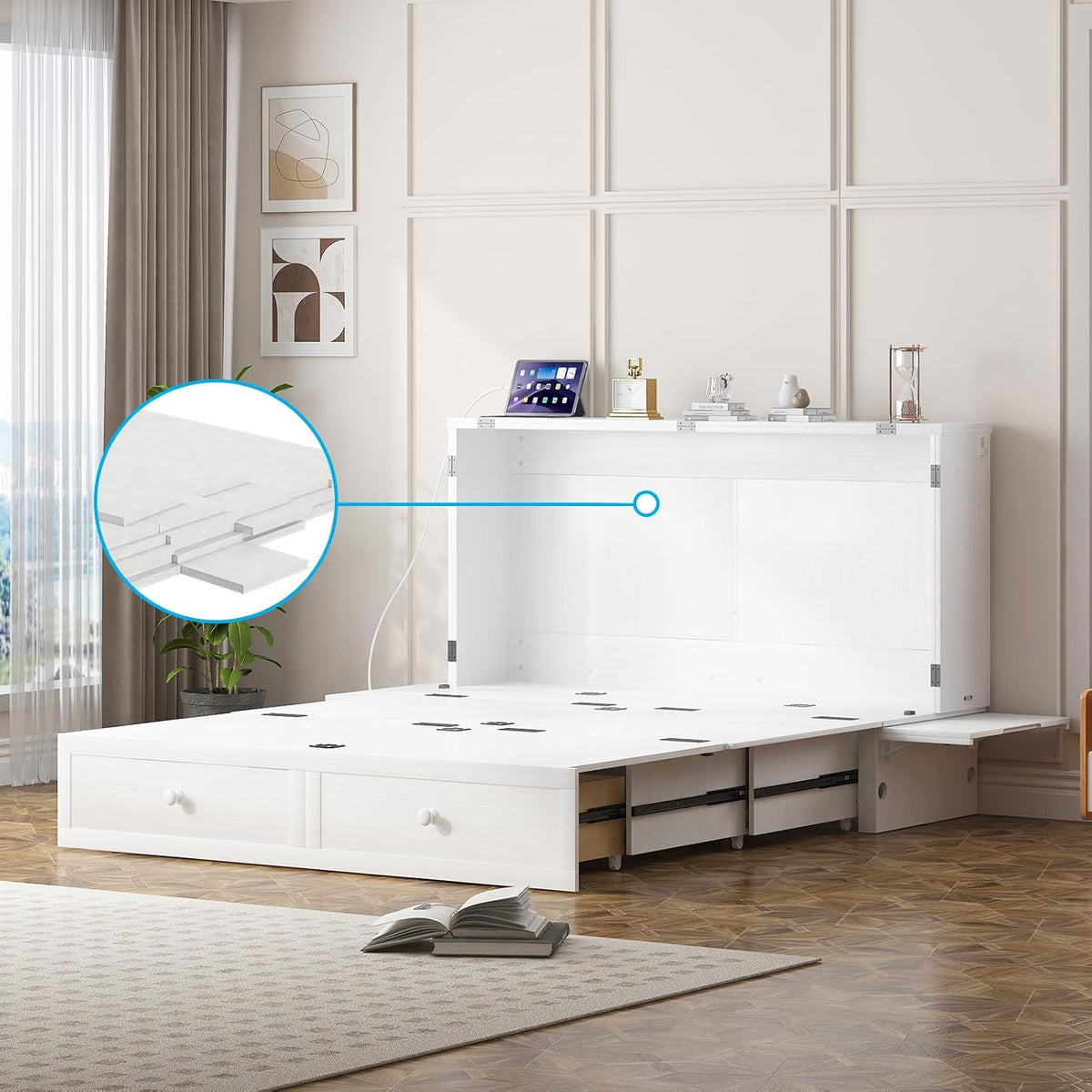 Mjkone Murphy Cabinet Bed Queen Size, White(No Mattress) | Storage Drawers, USB Charging Station,Wall Hideaway Guest Chest Cabinet Bed for Living Room Bedroom Home Office