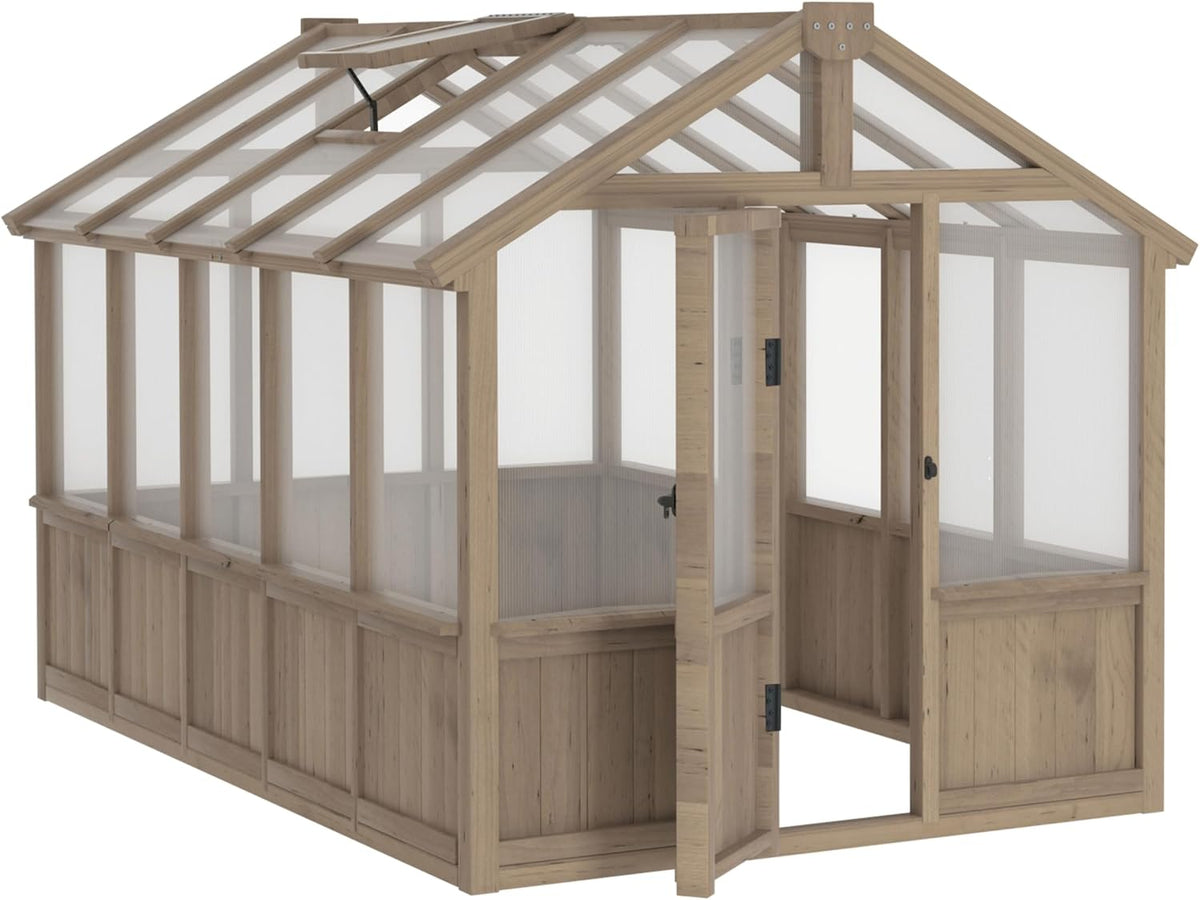 6x10 FT Green House for Outdoor, 6MM Thick Polycarbonate Panel Wooden Walk-in Greenhouse Kit with Lockable Door and Adjustable Roof Vent, Backyard Garden, Light Mocha Brown