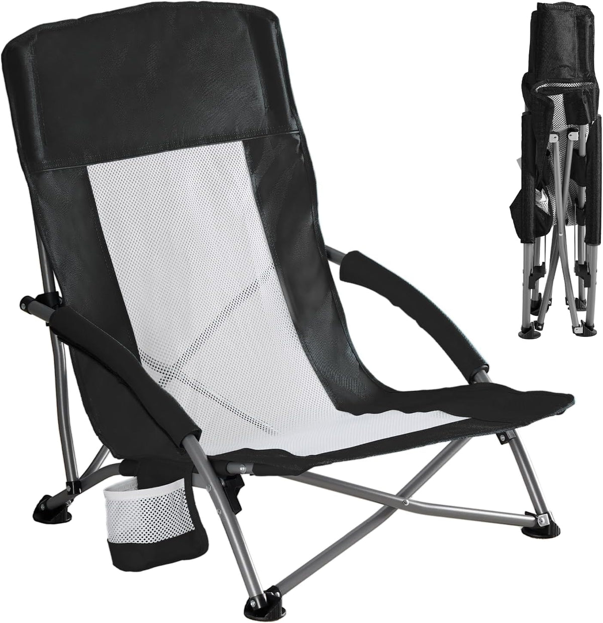 DUMOS Folding Camping Beach Chair, Lightweight Low Portable Beach Chair with Cup Holder, Storage Pocket, Breeze Mesh Back, Padded Armrests, Low Profile Chair for Camp, Picnic, Lawn, Sand, Black