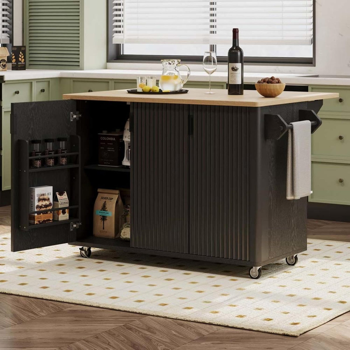 Kitchen Storage Islands and Carts with Drop Leaf Countertop Height-Adjustable Shelves, Rolling Island Cart for Kitchen with Wheels Towel Rack， for Kitchen, Dining Room, Black