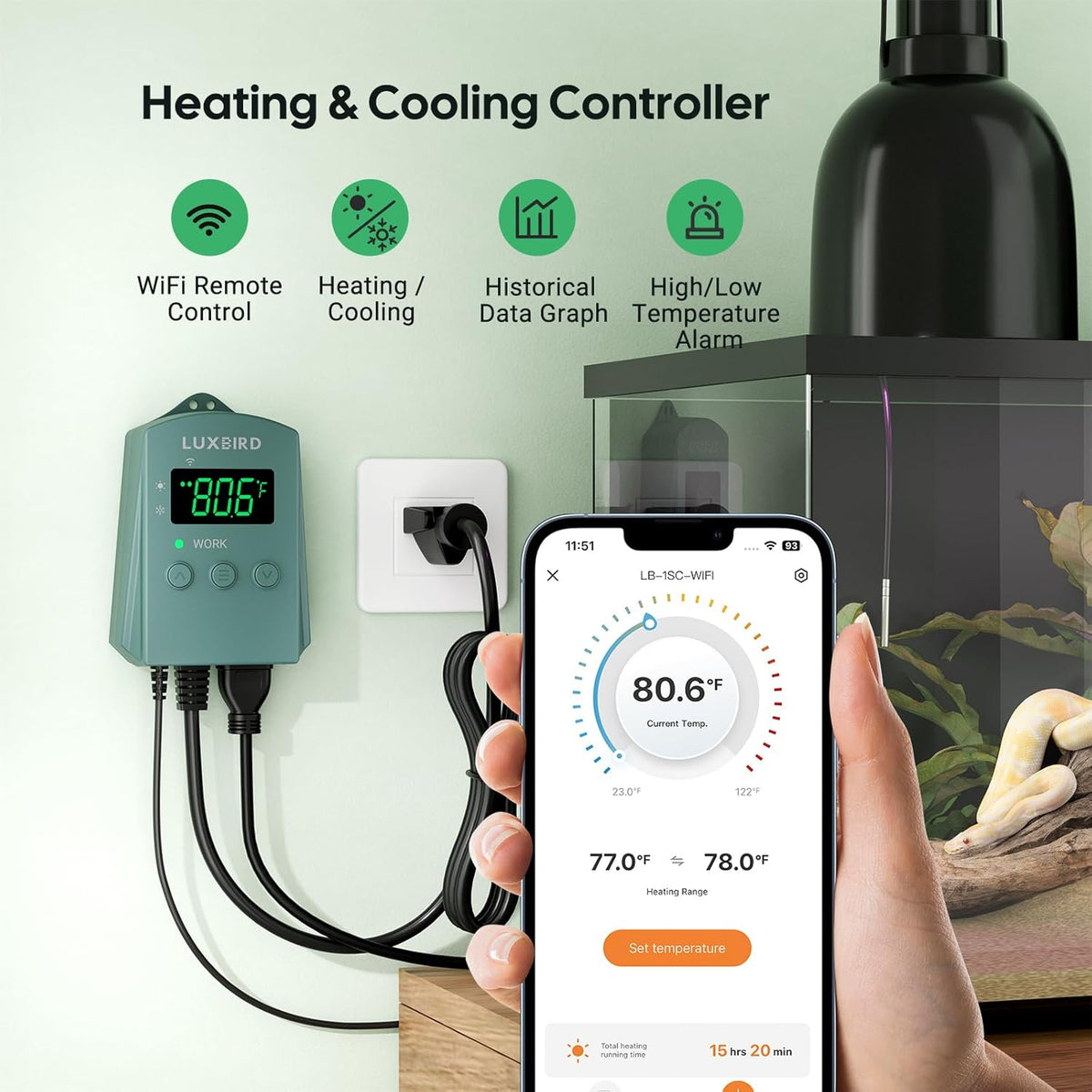WiFi Digital Heat Mat Thermostat Controller, 32-113°F with Heating Cooling Mode, 365 Day Data Export, 1200W, High/Low Temp Alerts, Plug & Play for Reptile Seedling Brewing Breeding Greenhouse