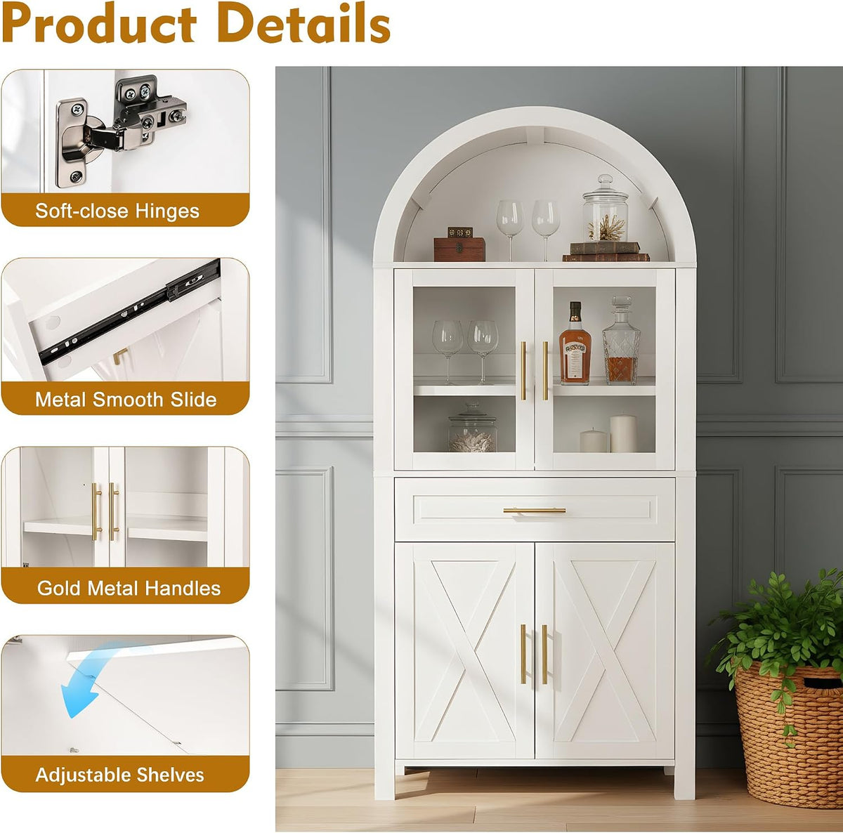 KEIKI 71" Tall Arched Kitchen Pantry Cabinet with Glass Door,Drawer,Farmhouse Storage with Adjustable Shelves Design for Kitchen,Living & Dining Room