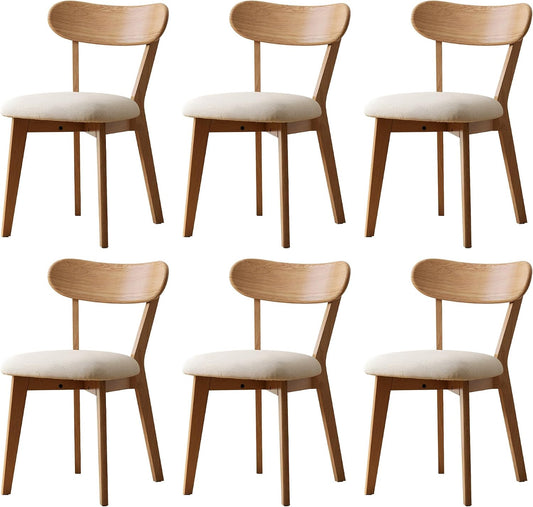 100% Solid Wood Upholstered Dining Chairs, Mid Century Modern Oak Dining Chairs with Curved Back Design with Butterfly Wing Shape for Kitchen, Dining Room, Restaurant (6, Log Color-Beige Cushion)
