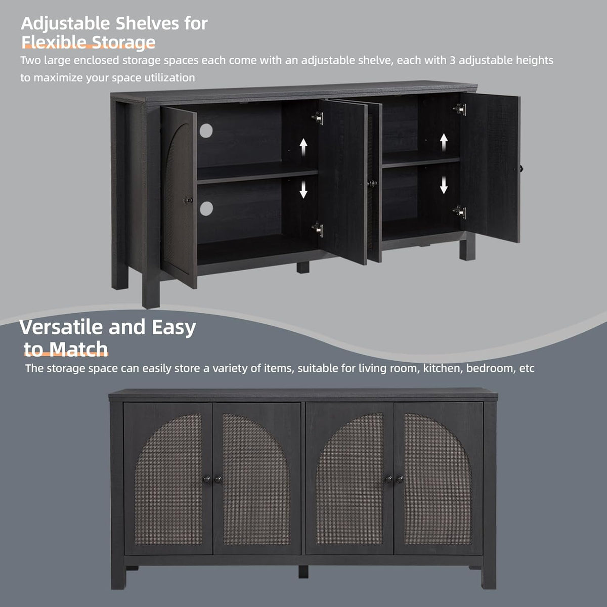 Okvnbjk Sideboard Buffet Cabinet with Storage, 60inch Kitchen Buffet Table with Soft Closing Door Hinges, Rattan Coffee Bar Cabinet for Living Room, Dining Room, Black