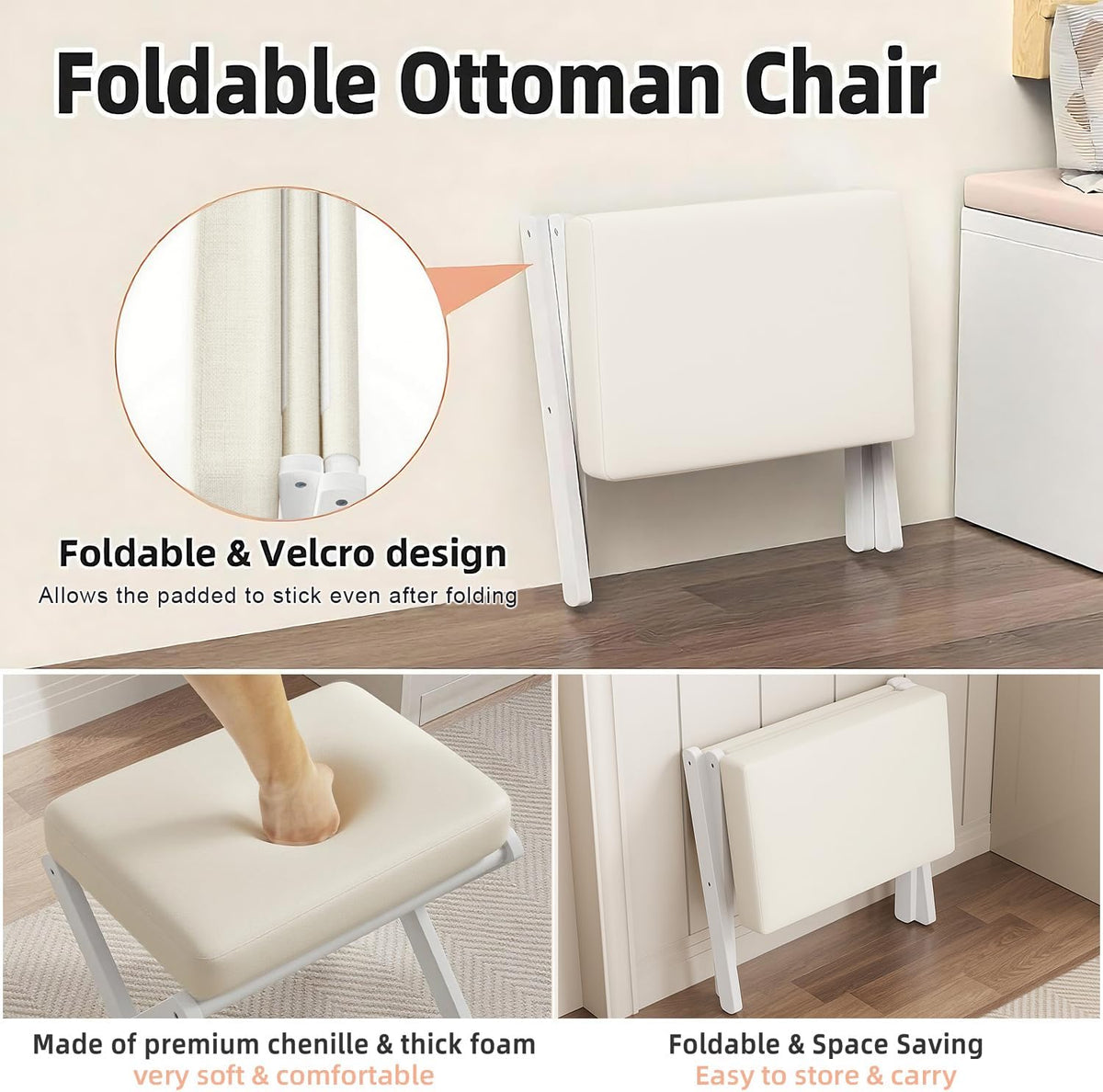 BAMBOOHOMIE Foldable Foot Stool Ottoman, Modern Foot Rest with Bamboo X Legs & Thick Foam Cushion, Folding Foot Stools Small Padded for Bedroom Living Room, Footstool for Chair Couch (White - White)