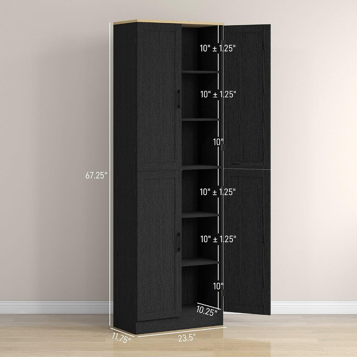 4-Door Farmhouse Freestanding Kitchen Pantry Cabinet with Flexible Adjustable Shelves, Distressed Black Finish and Contemporary Design