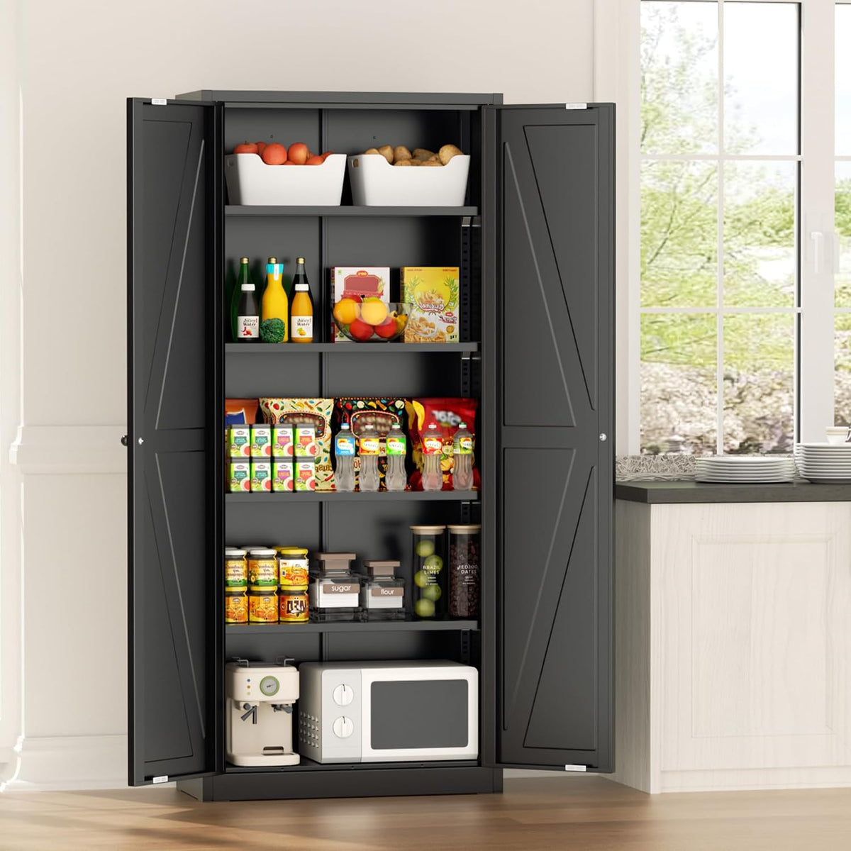 Greenvelly 63" H Black Farmhouse Metal Pantry Cabinet, Kitchen Pantry Storage Cabinets with 2 Doors and Adjustable Shelves, Kitchen Pantry Cabinets for Home, Garage and Bedroom