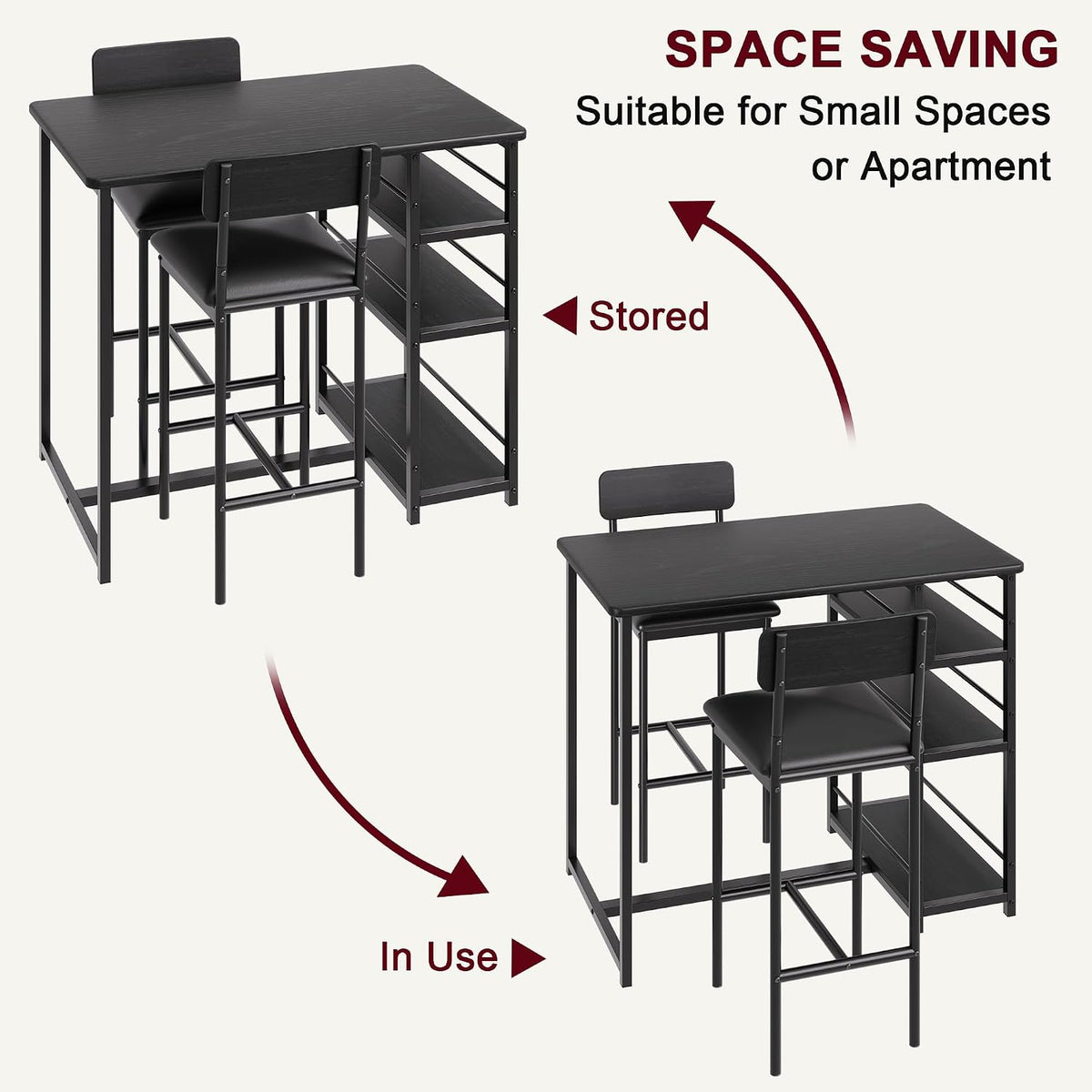 IDEALHOUSE Dining Table Set for 2, Counter Height Kitchen Table and Chairs, Bar Table Set with 2 Upholstered Bar Stools, 3 Piece Dining Room Table Set for Small Space, Apartment, Retro Black
