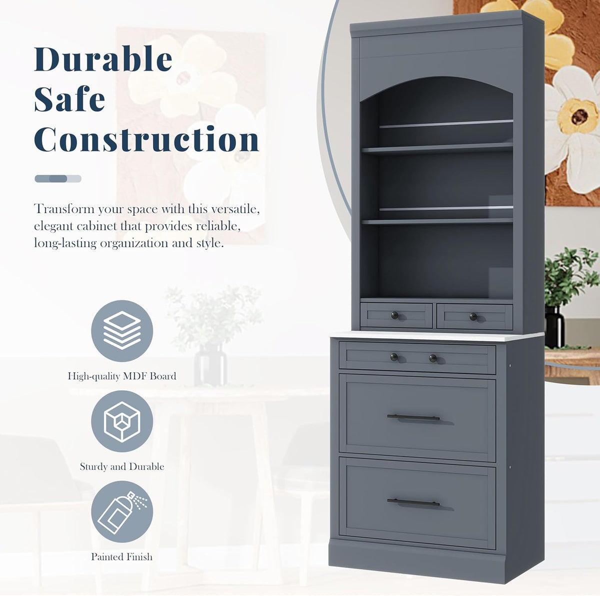 84 Inch Kitchen Pantry Cabinet with Faux Marble Top, Gray | Gray P2 MDF, kitchen or dining room, faux marble top, 5 pull-out compartments, adjustable shelf, anti-tip devices, 83.7 in H
