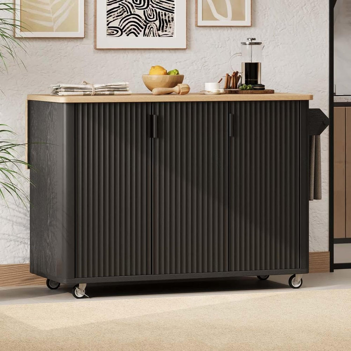 Portable Island for Kitchen with Drop Leaf with Storage and Dining Table, Narrow Kitchen Island with Wheels Towel Rack， for Kitchen, Dining Room, Black