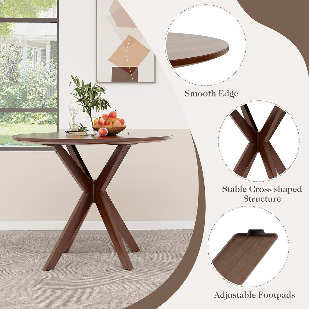 ERGOMASTER 3-Piece Dining Table Set for 2, 36" Kitchen Round Table with 2 Chairs, Rubber Wood Legs, Brown