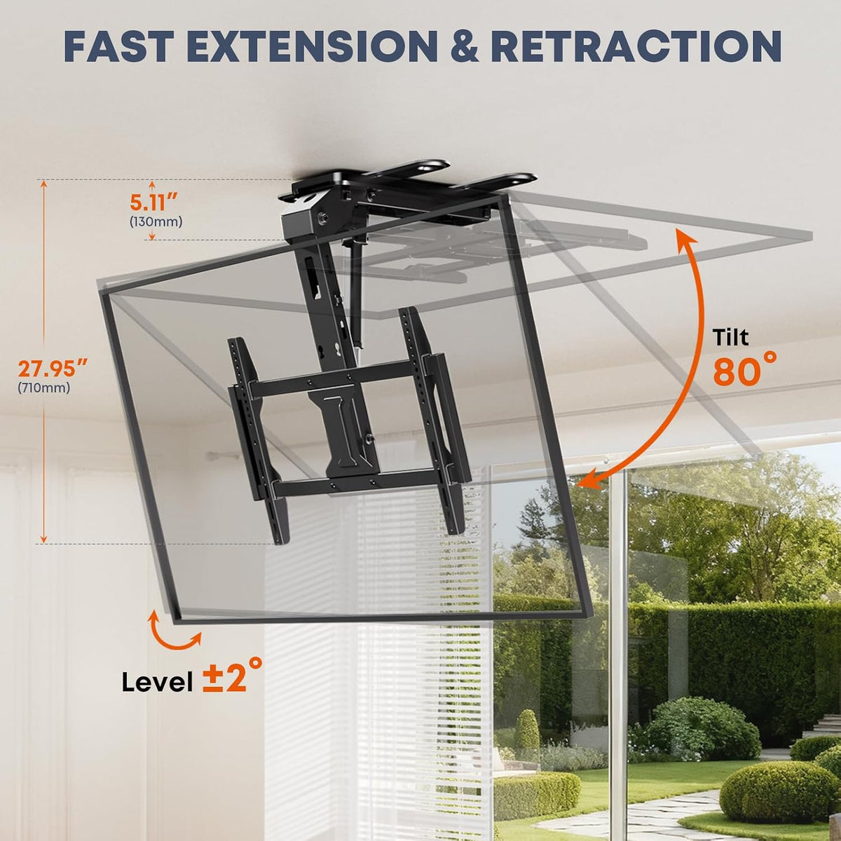 Motorized Ceiling TV Mount Flip Down with Remote for 37-75‘’ TVs, Black | Space Saving and Adjustabe, Fits Flat and Pitched Roof, Electric Drop Down TV Mount, Max VESA 600x400 mm, Max holds 99lbs