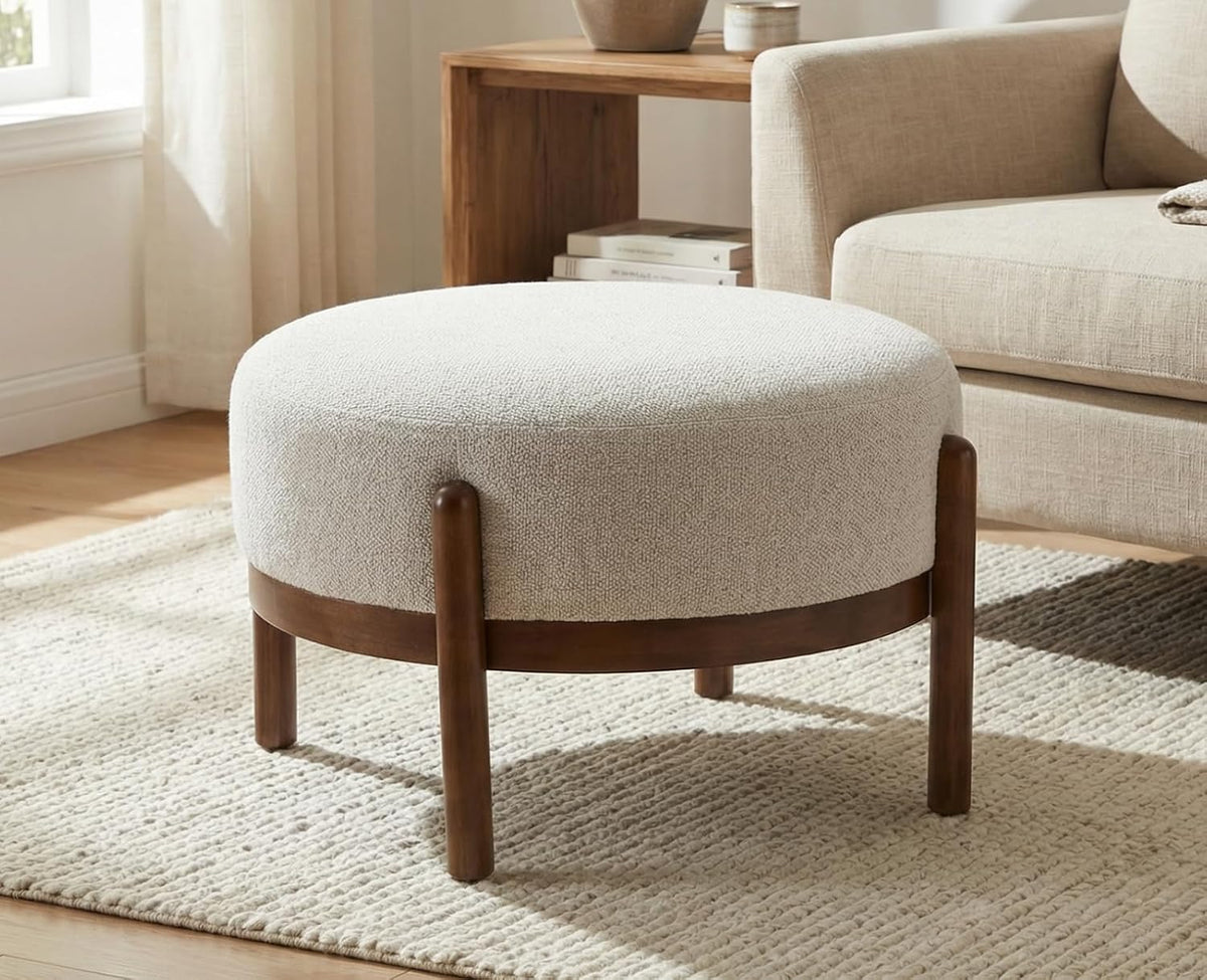 Ya-Home Modern Ottoman, Soft Sherpa Fabric Footrest Bench with Solid Wooden Legs Single Seat for Living Room Bedroom, Beige