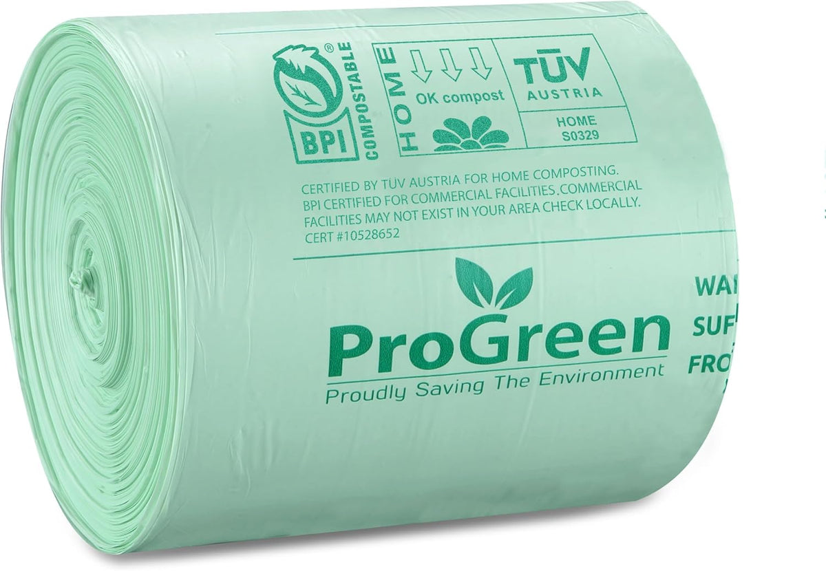 ProGreen Compostable Trash Bags, Extra Thick, Compost Kitchen Bin Bags, Food Scraps Yard Waste Bags, ASTM D6400 BPI and TÜV AUSTRIA Certified (6 Gallon, Pack of 30)