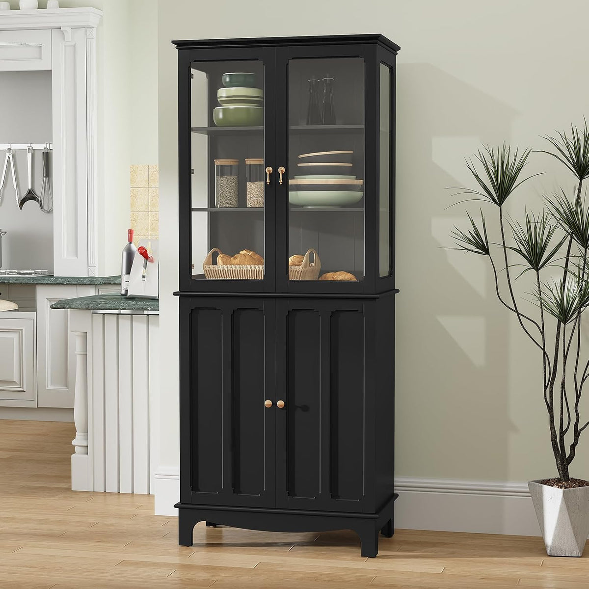 ARTPOWER 72" Freestanding Kitchen Pantry Storage Sideboard, Classical Tall Cabinet with Glass Door and Adjustable Shelves for Kitchen, Livingroom and Dining Room, Black
