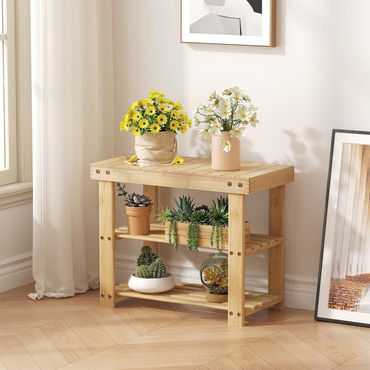 Simple Deluxe Shoe Rack Bench, 3-Tier Bamboo Storage Organizer, 286lb Capacity Entryway Bench for Front Door, Bedroom, Living Room, Bathroom, Balcony, Stylish Shoes Wood (11.3 x 19.7 x 17.8 Inches)