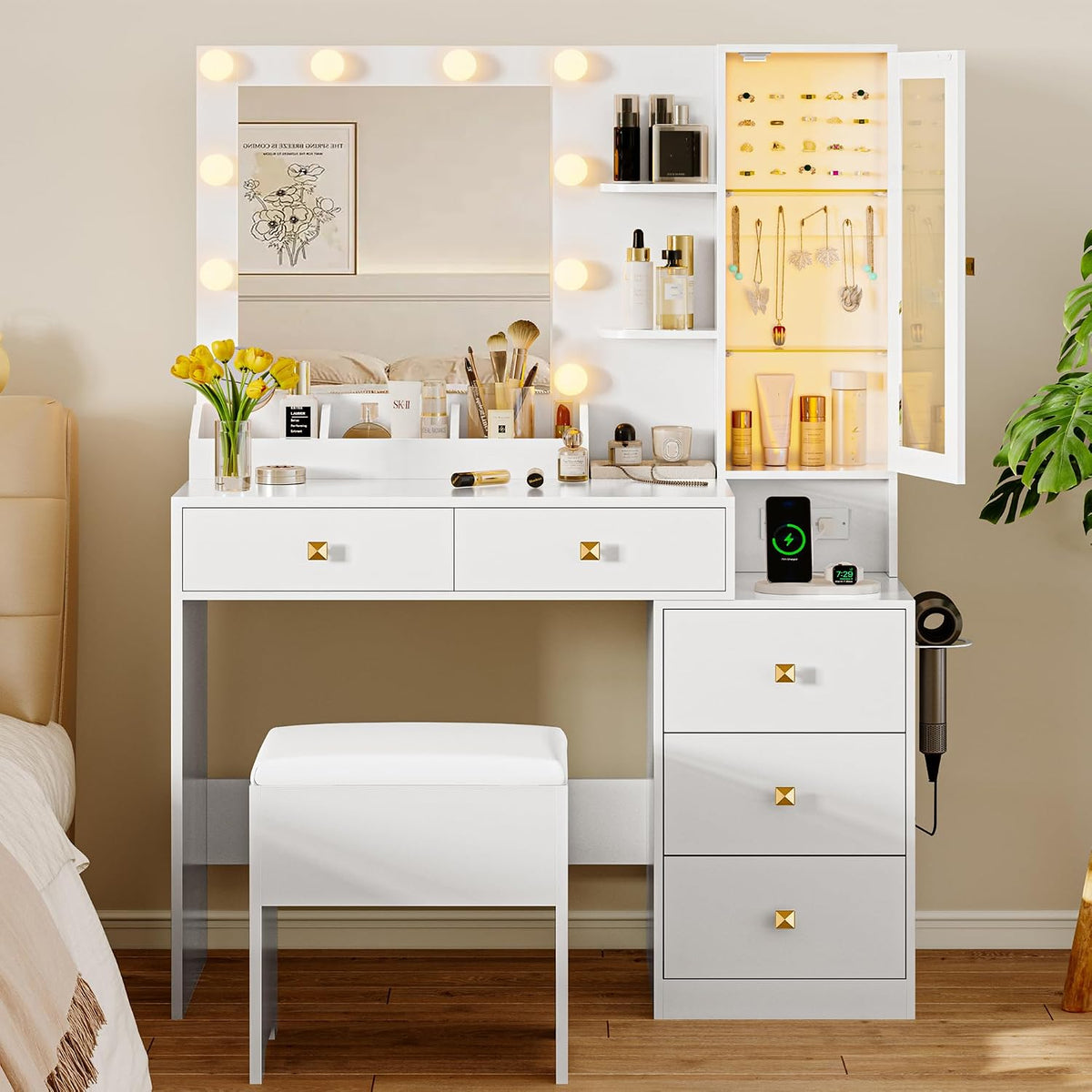 Vanity Desk with Mirror and Lights, Makeup Vanity Table Set with 5 Storage Drawers, Power Outlet & Chair, Small Dressing Table with RGB Ambient Light, Adjustable Brightness for Girls Bedroom, White