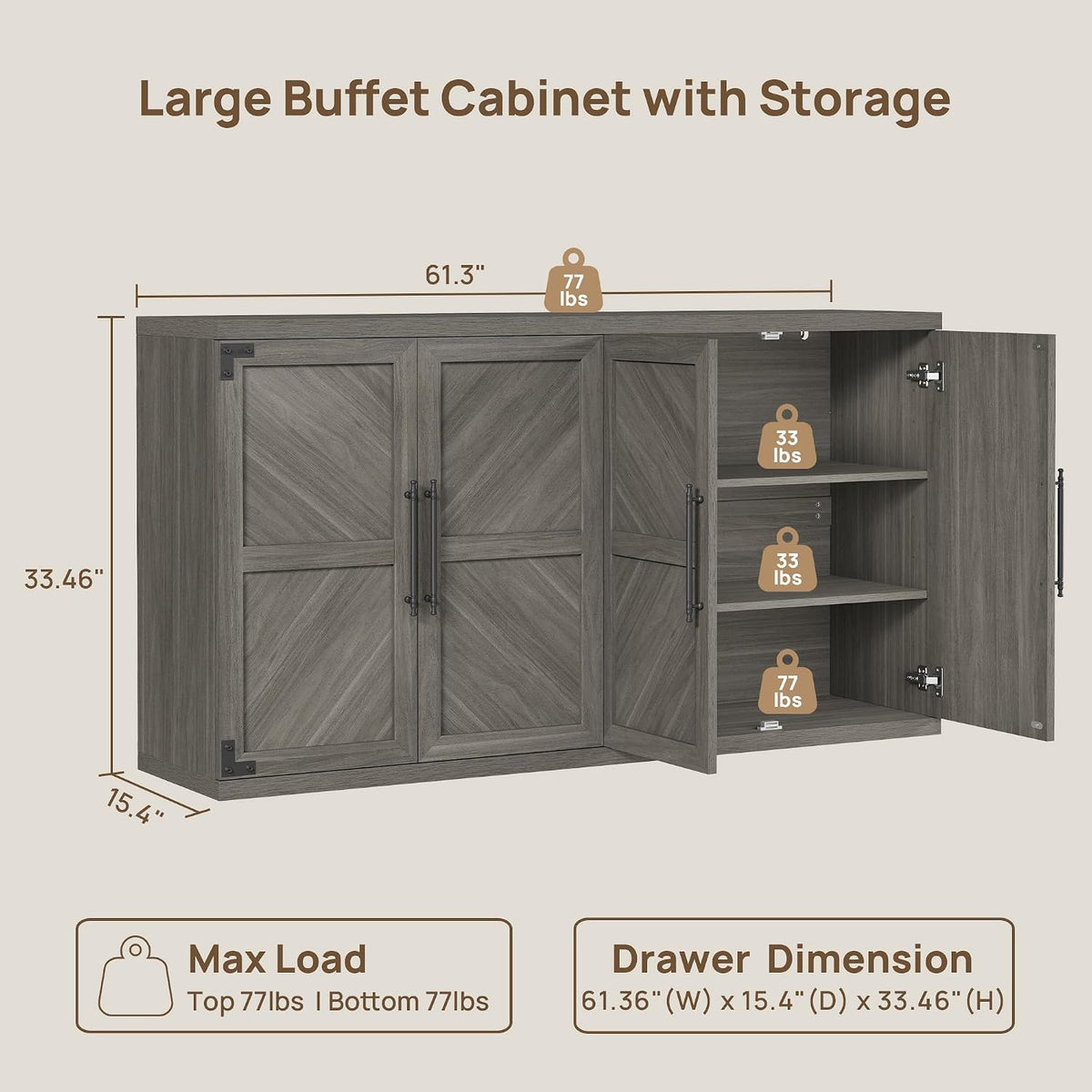 SICOTAS Buffet Cabinet with 4 Doors, Modern Sideboard Cabinet with Storage and Adjustable Shelves, Large Credenza Storage Cabinet (1, Ash Gray)
