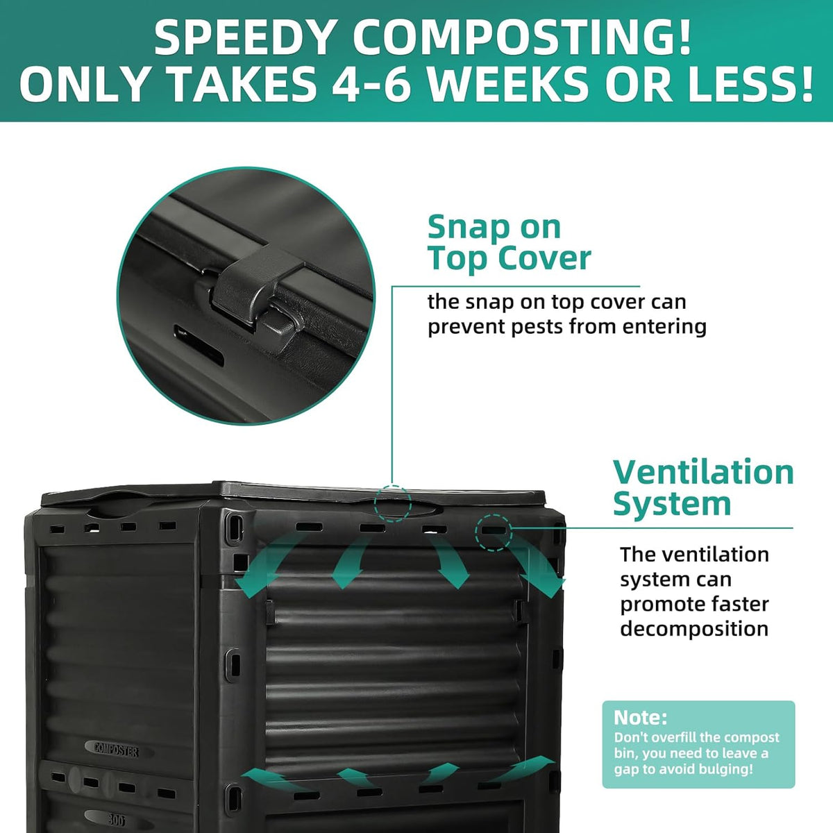 Compost Bin Outdoor 80 Gallon (300L) Large Compost Bin Composter with w/Top Flip Latch-on Lid BPA-Free Composter Barrel for Garden, Kitchen, and Yard Waste, Black, Easy Assembly