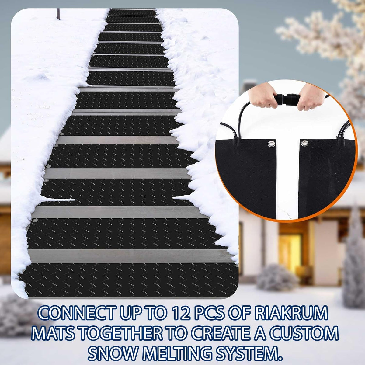 Riakrum 18 Pcs Heated Snow Melting Mats Outdoor, 10 x 30 in Winter Anti-Slip Heated Rubber Mat for Walkways Decks and Sidewalks, Snow and Ice Melting Pads Connection with 9.84 ft Power Cord